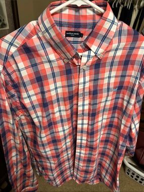 Southern Marsh Coral, Navy & White Plaid Button-Down Shirt